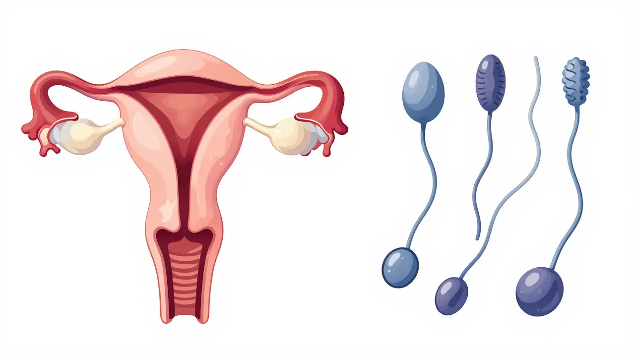 Ilustrace ženských pohlavních orgánů a spermií ukazující biologické faktory neplodnosti