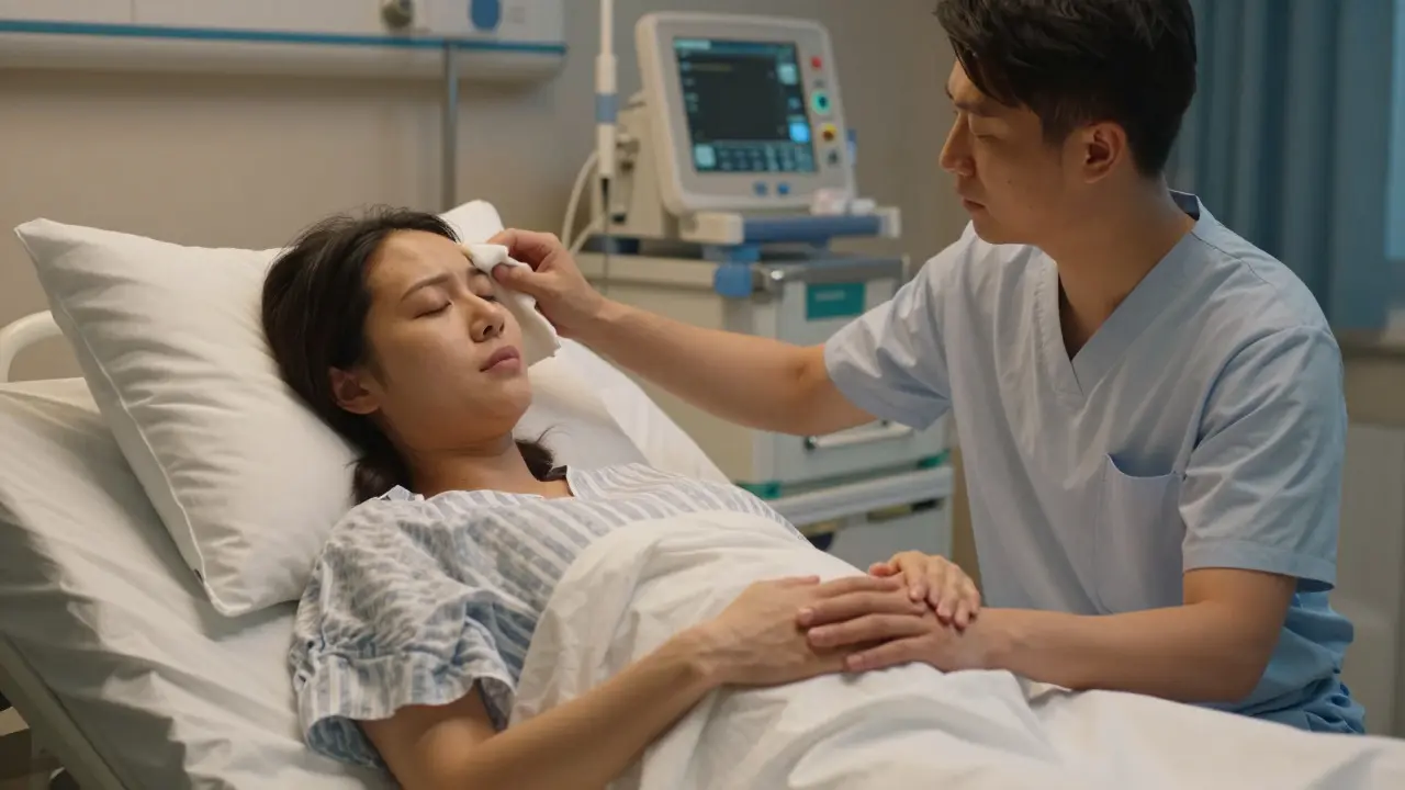Partner drží ruku rodící ženě na porodní sále