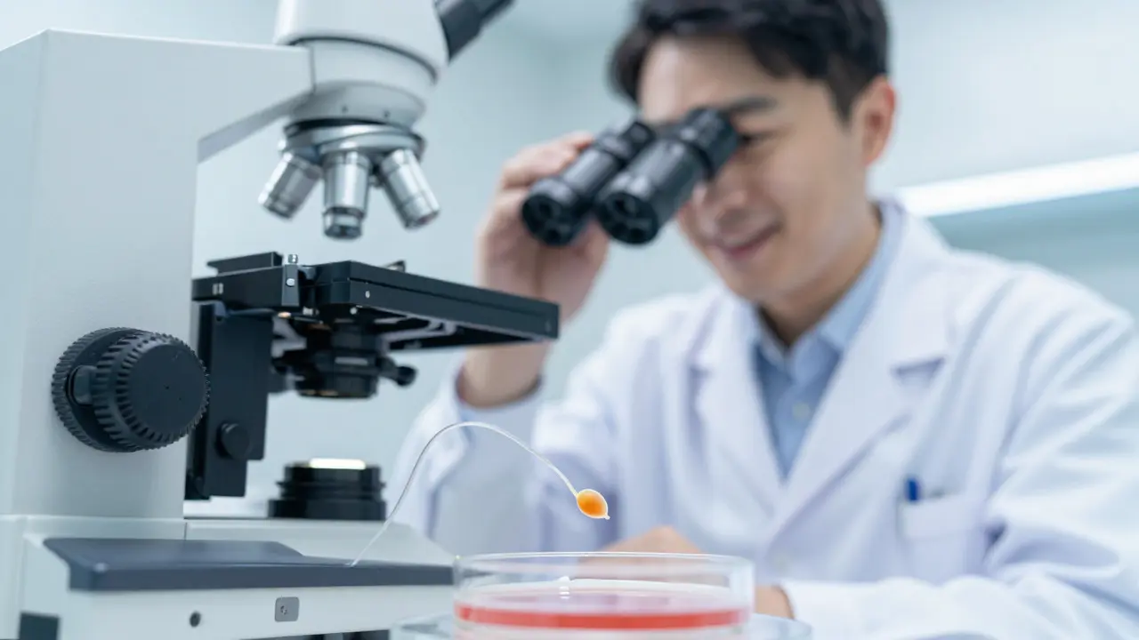 Vědec pracující s mikroskopem a ICSI procedurou v laboratoři
