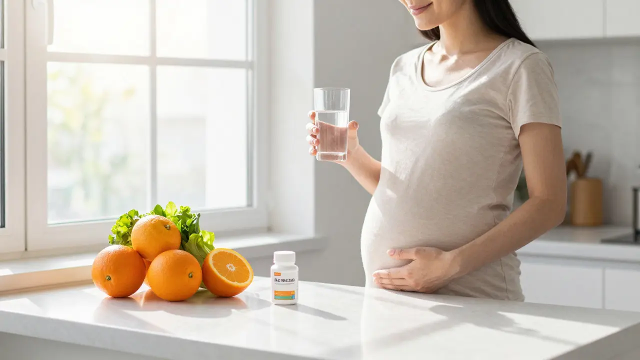 Žena s vitamíny a zdravou stravou na kuchyňském stole
