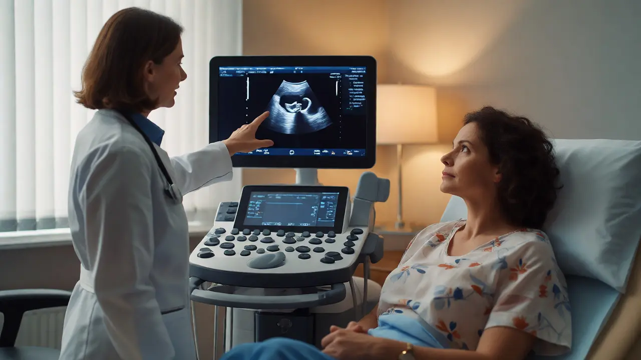 Gynekolog ukazuje na ultrazvukové vyšetření těhotné pacientce