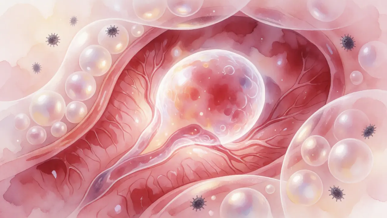 Ilustrace usazování embrya do dělohy s ochranným hlenem