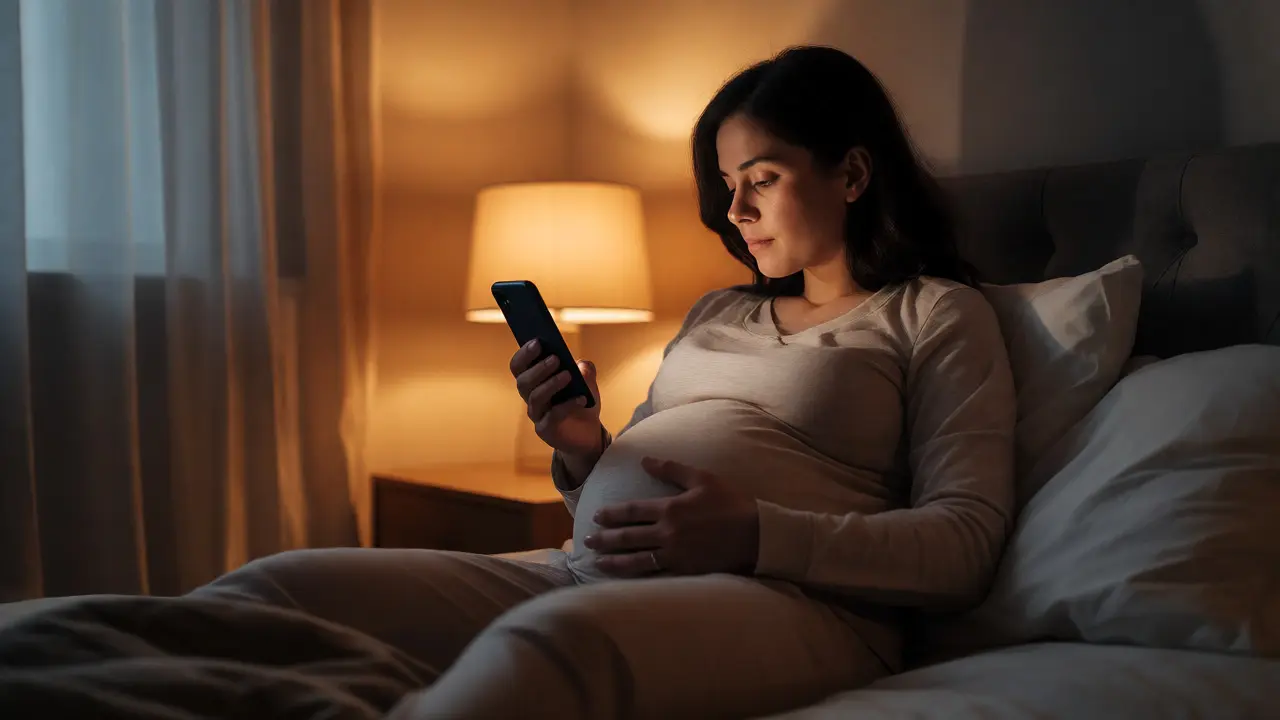 Těhotná žena měří intervaly kontrakcí pomocí telefonu v noci.