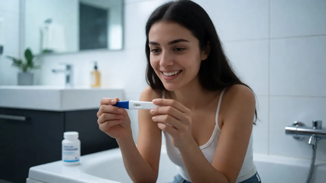 Žena držící pozitivní těhotenský test v koupelně