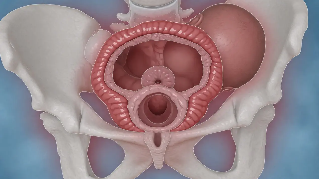 Anatomická ilustrace zobrazující špatnou polohu plodu a napjaté tkáně při prodlouženém porodu.