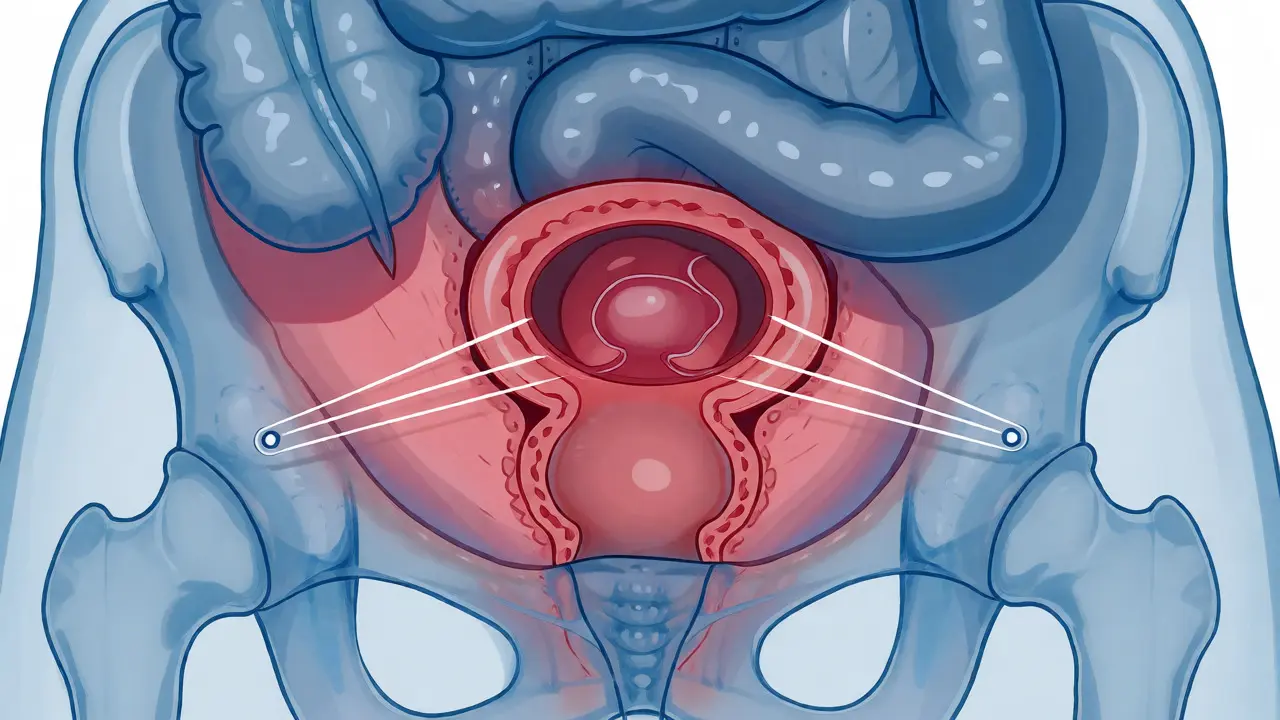 Anatomický řez pánví ukazující dělohu a napnutá vaziva v prvním trimestru