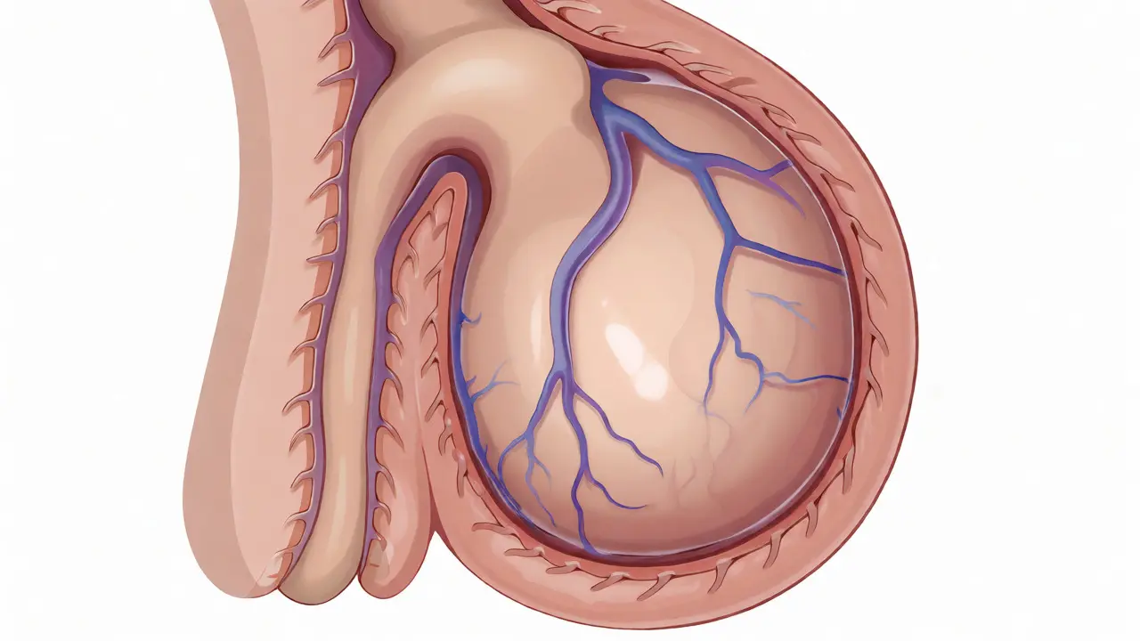 Anatomický řez varlaty naznačující varikokélu