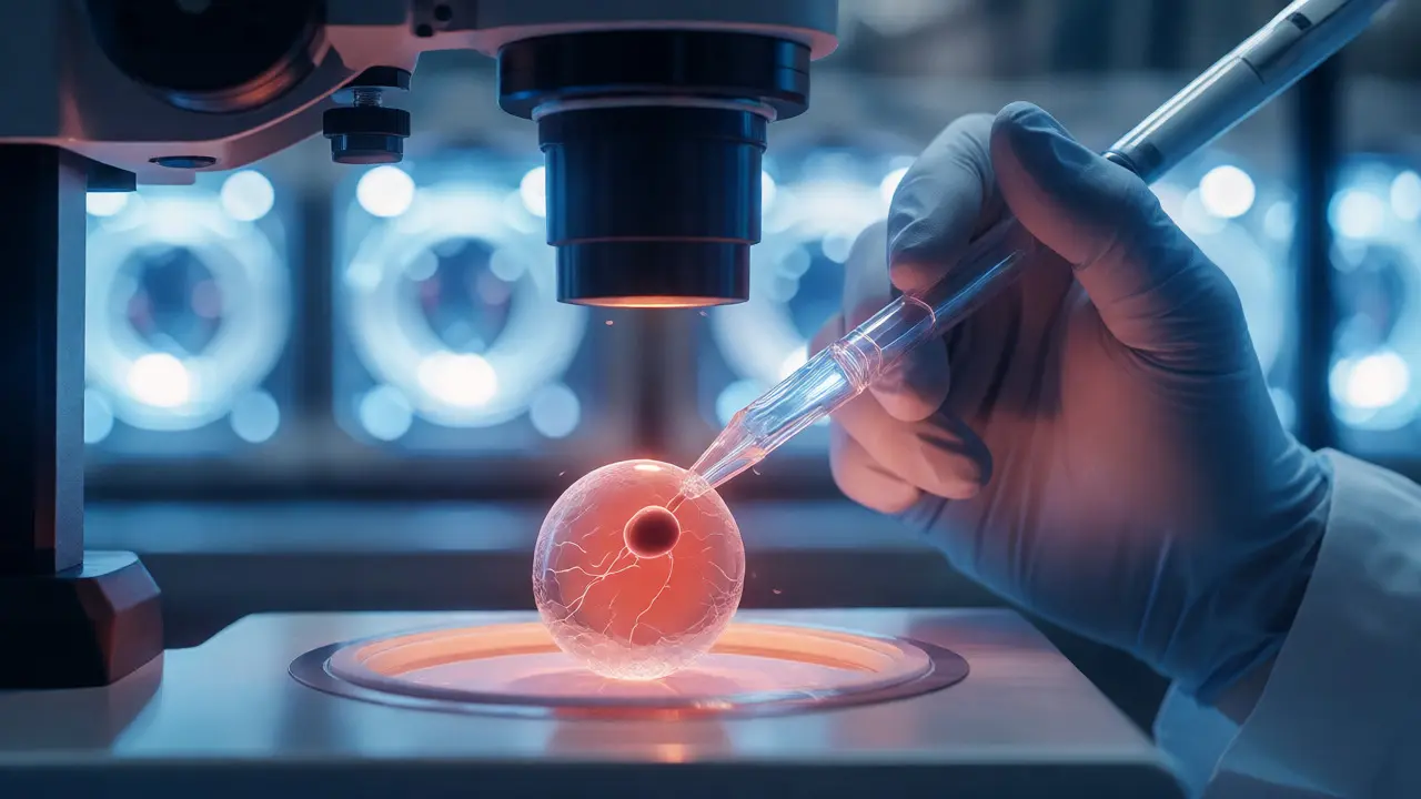 Embriolog provádějící ICSI proceduru v laboratoři s přesným mikroskopem.