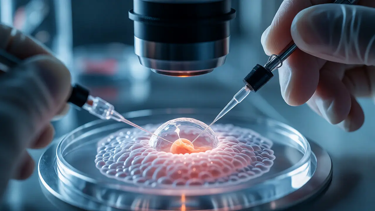 Embryolog provádí injekci spermie do vajíčka pod mikroskopem