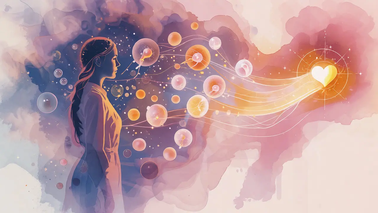 Konceptuální ilustrace cesty od neplodnosti k úspěšnému otěhotnění pomocí IVF.