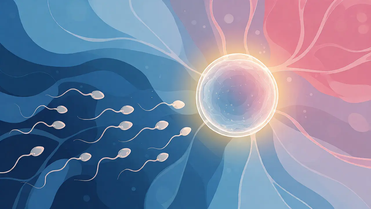Konceptuální ilustrace spermií plavoucích k vajíčku během plodného okna.