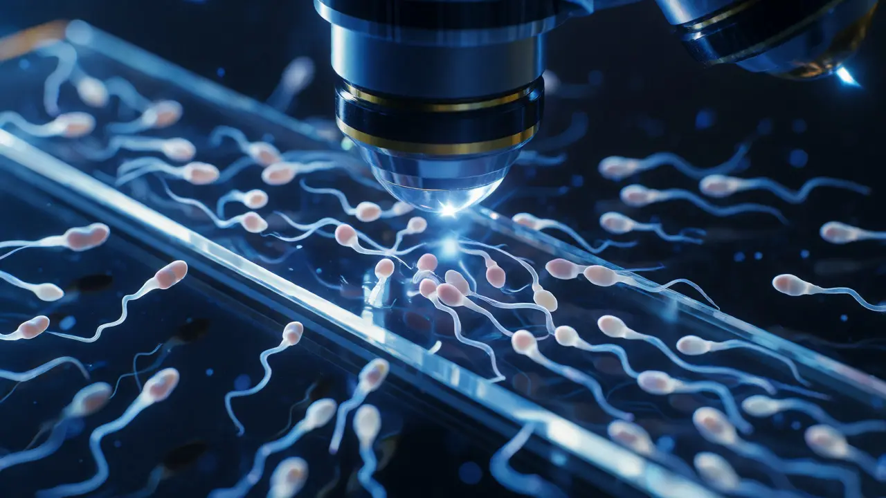 Makrofotografie spermií pod mikroskopem v laboratoři