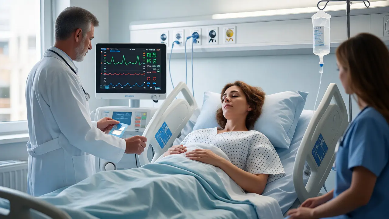 Moderní porodní sál s monitory sledujícími stav matky a dítěte, představující bezpečnou péči.