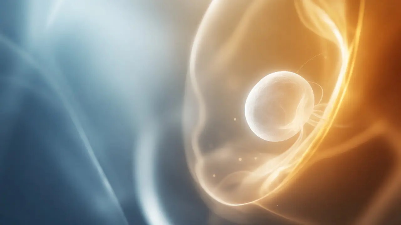 Svítící embryo směřující k teplému abstraktnímu lůnu