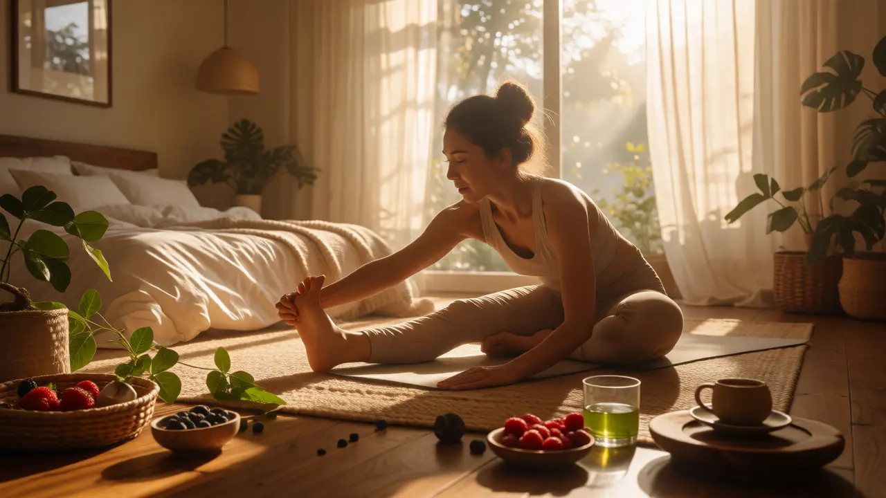 Žena cvičící jemnou jógu v ranním světle pro podporu hormonální rovnováhy